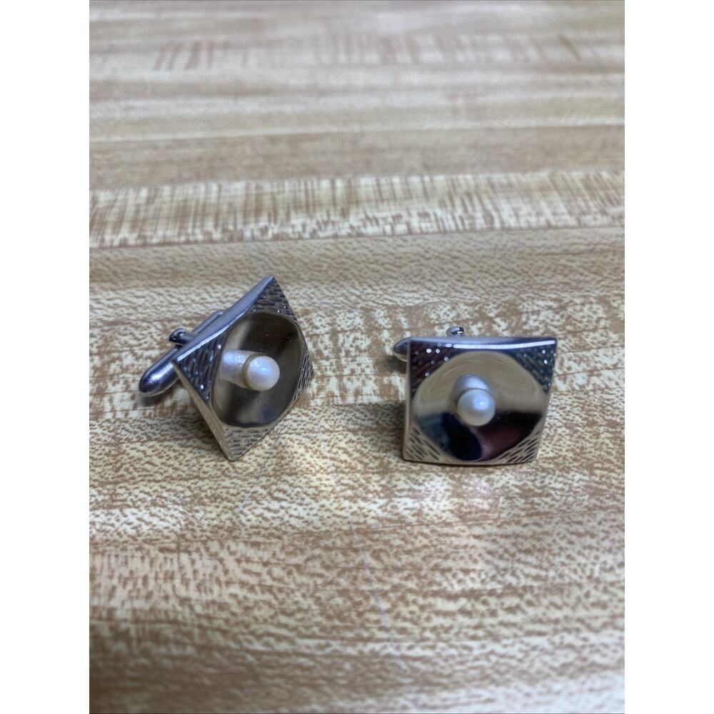 Vintage Swank Silver Tone Square Cuff Links Faux Pearl Center